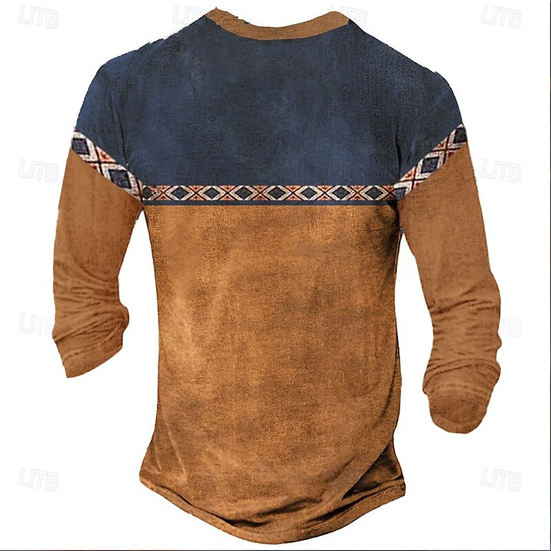 Men's Geometric Print T Shirt Henley Shirt Long Sleeve Designer Retro Vintage Ethnic Street Casual Daily Summer Spring Fall Black Green Navy Blue Brown Light Grey Henley Henley T-Shirt4