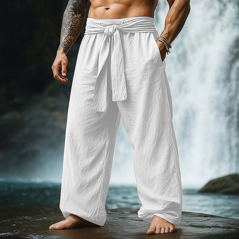 Men's Linen Pants Trousers Summer Pants Drawstring Elastic Waist Wide Leg Plain Comfort Breathable Full Length Casual Daily Holiday Vacation Fashion Loose Fit Pumpkin White Inelastic