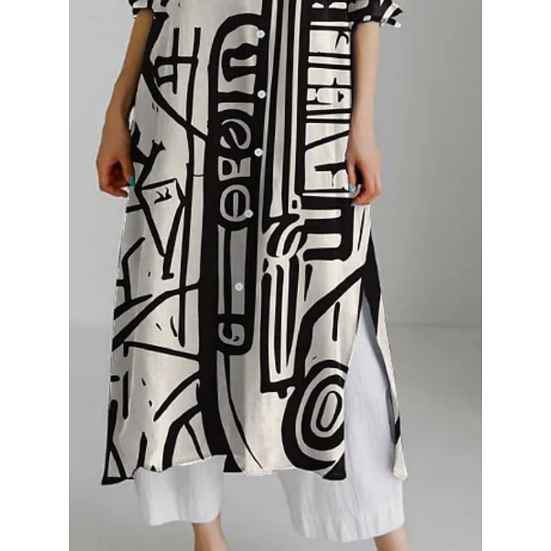 Women's Midi Dress Shirt Dress Casual Dress Fashion Modern Daily Holiday Weekend Regular Fit Geometric Color Block 3/4 Length Sleeve Shirt Collar Apricot Summer Spring Fall3