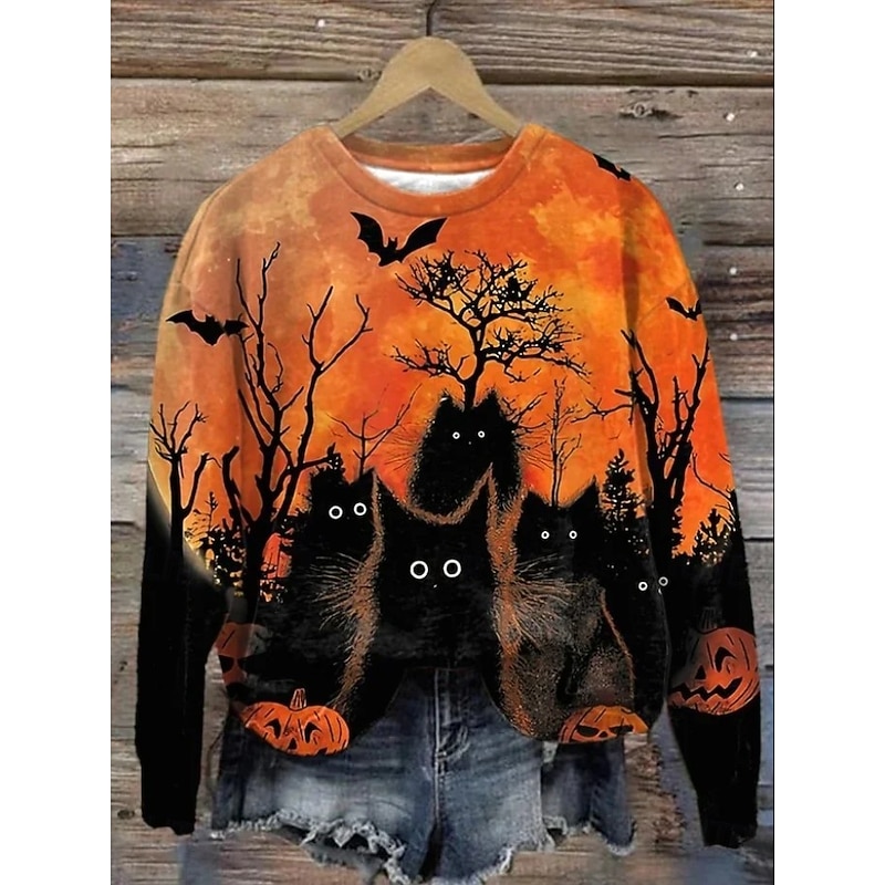 Halloween Women's Pullover Sweatshirt Black Cat Graphic Skull Fashion Casual Long Sleeve Crew Neck Round Neck Regular Tops Street Dailywear Casual Print Black Dark Gray Fall Winter