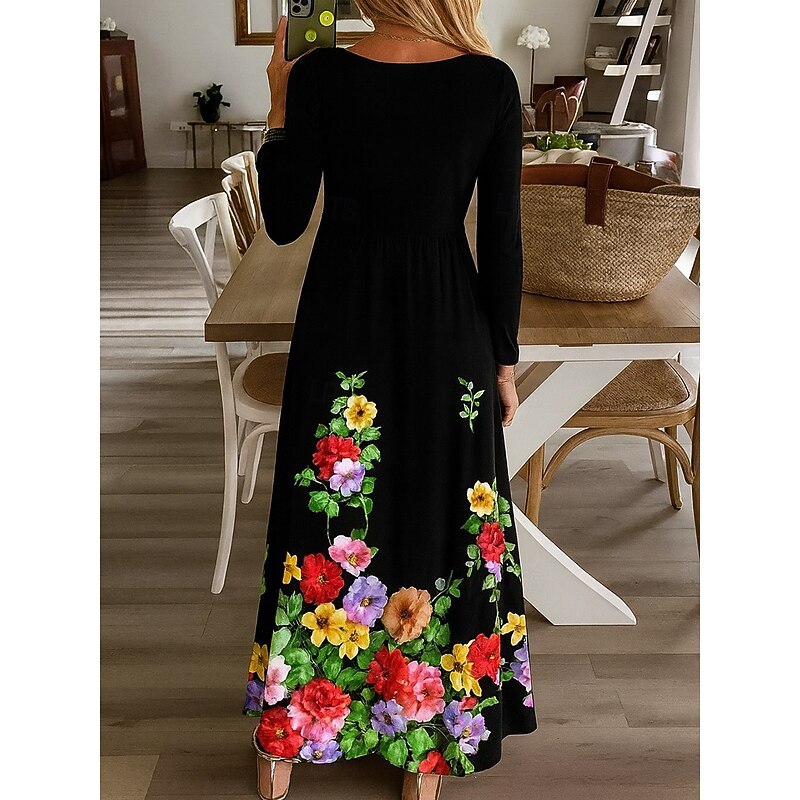 Women's Maxi Dress T Shirt Dress Tee Dress A Line Dress Vacation Casual Boho Daily Holiday Date Regular Fit Floral Graphic Long Sleeve V Neck Black Fall Winter2
