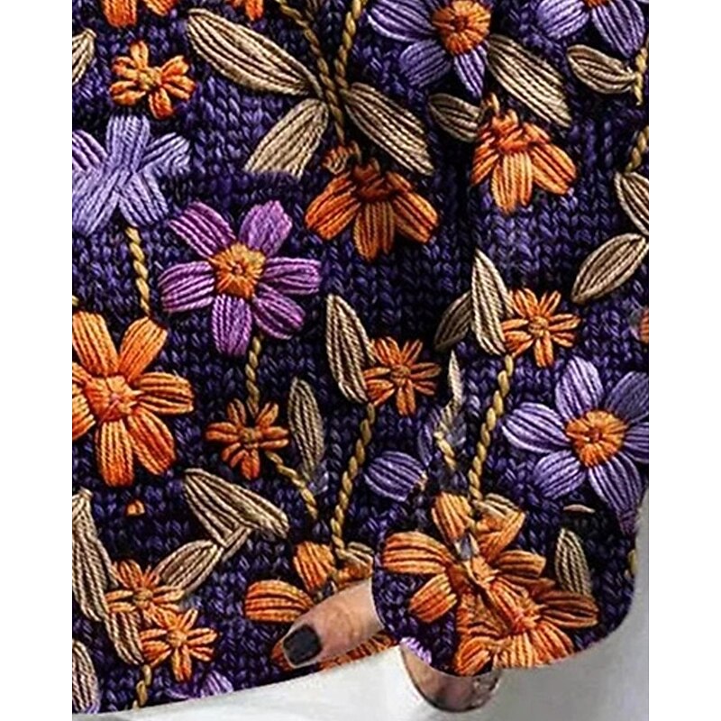 Women's Sweater Fashion Floral Graphic Ribbed V Neck Knitted Long Sleeve Regular Tops Knit Holiday Going out Weekend Purple Winter2