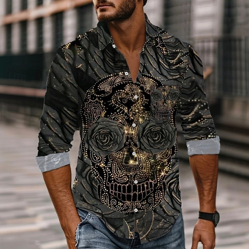 Halloween Men's Skull Sparkling Glitter Day of the Dead Shirt Button Up Shirt Long Sleeve Dark Gothic Style Holiday Spring Fall Turndown 3D Print Collared Shirts Front One Pocket Black Purple Gray2
