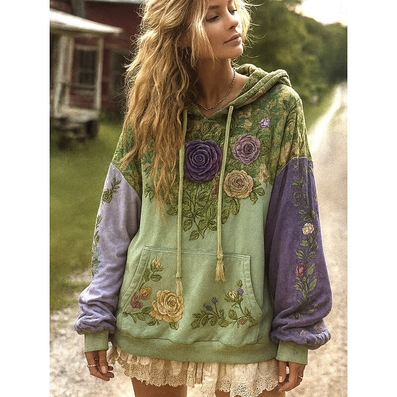 Women's 3D Print Vintage Boho Hoodie Patchwork Hoodie Sweatshirt Floral Pullover Sweatshirt Casual Hooded Street Dailywear Patchwork Print Front Pocket Pink Purple Green Spring Fall Winter4