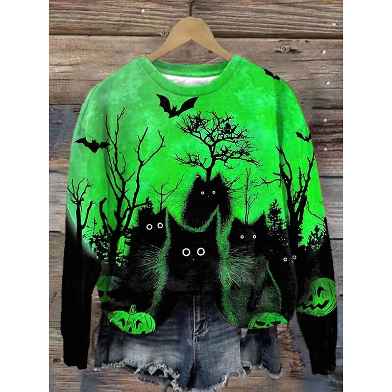 Halloween Women's Pullover Sweatshirt Black Cat Graphic Fashion Casual Long Sleeve Crew Neck Regular Tops Street Dailywear Casual Print Blue Purple Orange Green Fall Winter4