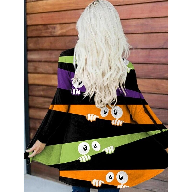 Halloween Women's Coat Lightweight Comfortable Monster Print Vintage Artistic Casual Monster Animal Casual Short Collarless Loose Fit Long Sleeve Outerwear Black White Orange Spring Fall2