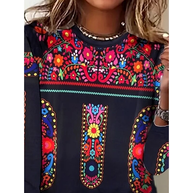 Women's T Shirt Floral Graphic Tribal Vintage Fashion Stylish Long Sleeve Crew Neck Round Neck Regular Tops Daily Weekend Print Red Spring Fall Winter2