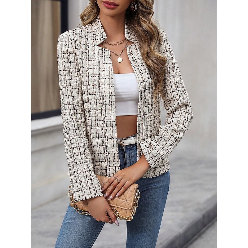 Women's Winter Jacket Comfortable Breathable Patchwork Casual Plaid Vacation Street Daily Wear Going out Open Front Regular Stand Collar Regular Fit Long Sleeve Outerwear Black And White Apricot Gray3