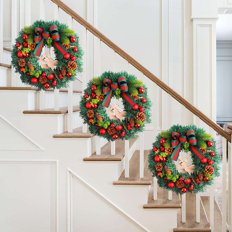 Christmas Wreath for Front Door Xmas Indoor Outdoor Decoration with Pine Needle Wooden Sign Reindeer Baubles Bow Rattan Garland for Mall Window Shop Holiday Display3