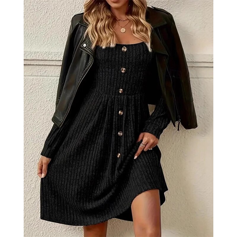 Women's Midi Dress Casual Dress Fashion Modern Daily Date Weekend Regular Fit Plain Long Sleeve Square Neck Black Khaki Gray Spring Fall4