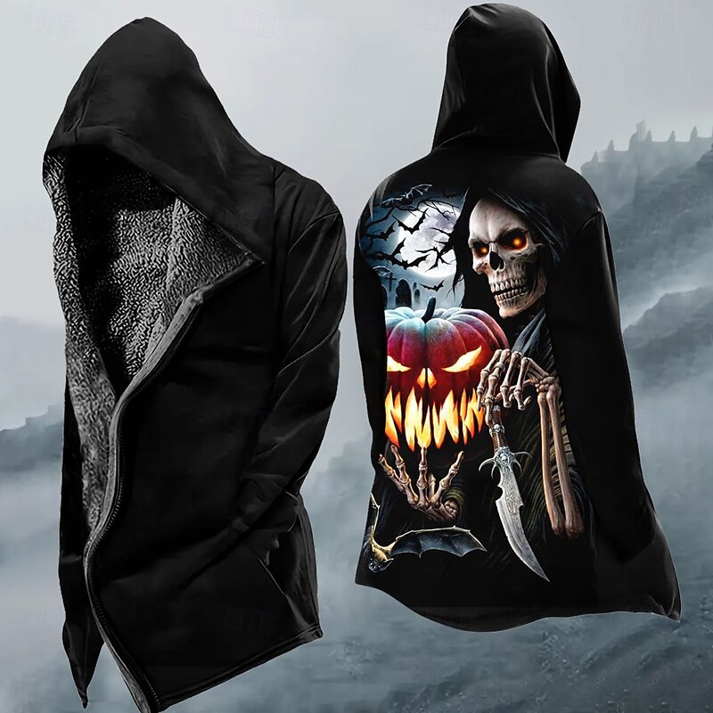 Men's Pumpkin Cool Skulls Winter Coat Fleece Jacket Coat Thermal Warm Comfortable Casual Daily Wear Zipper Pocket 3D Print Fall Winter Hooded Long Sleeve Black2