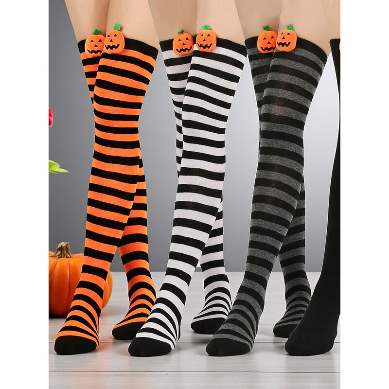 Women's Halloween Over-the-Knee Socks - Striped Cotton Long Stockings with Cute Pumpkin Decoration, Fun and Comfortable Novelty Hosiery for Costume Parties, Cosplay, and Holiday Events