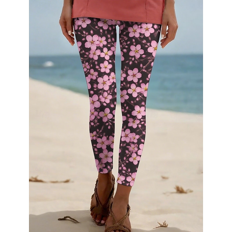 Women's Pants Trousers Leggings Streetwear Casual Full Length High Waist Floral Elastic Waist Print Breathability Comfortable Stretchy Vacation Street Daily Wear Pink Summer Spring Fall Regular Fit