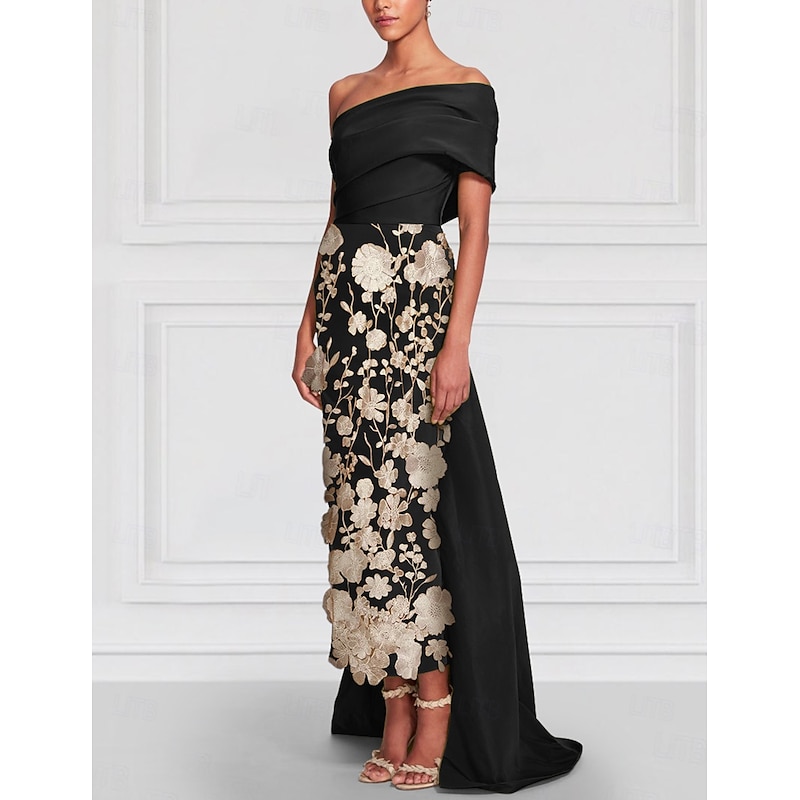 Embroidered Lace Applique Sheath / Column Cocktail Dresses Elegant Dress Formal Wedding Tea Length Sleeveless Off Shoulder Taffeta with Bow(s) 2025