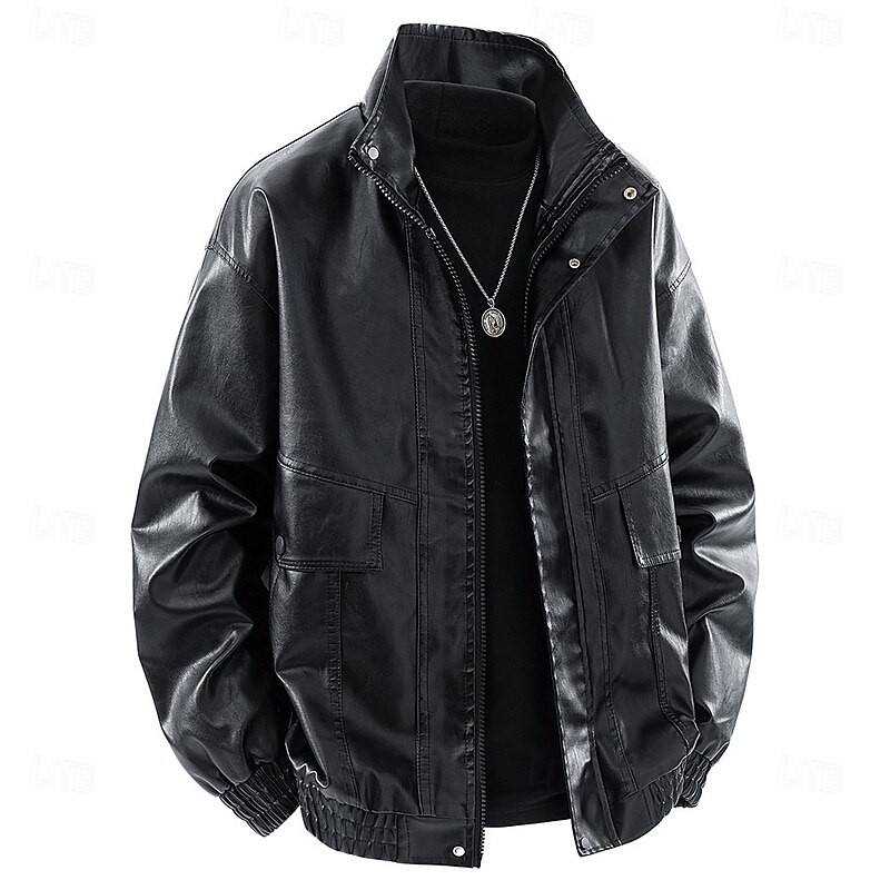 Men's Faux Leather Jacket Motorcycle Jacket Outdoor Casual Windbreaker Zipper Fall Winter Solid Color Punk Active Stand Collar Regular Black Green Khaki Jacket3