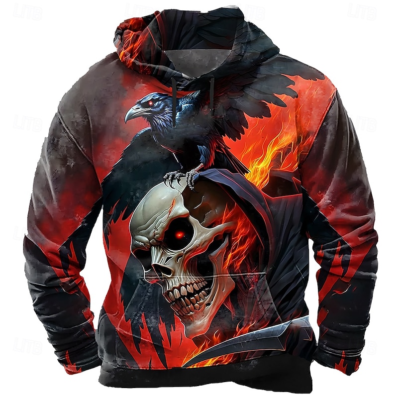 Halloween Men's Skull 3D Hoodie Sweatshirt Punk Exaggerated Crew Neck Club Streetwear Yellow Red Drawstring Fall Winter Designer