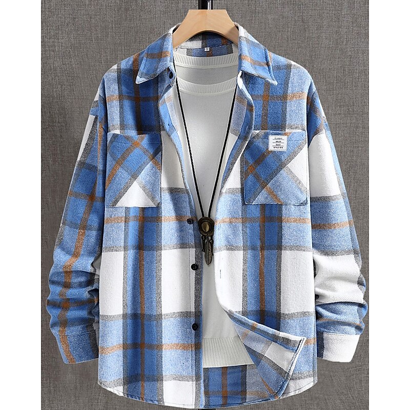 Men's Shacket Shirt Jacket Winter Jacket Plaid Vacation Daily Wear Blue Brown Khaki Coffee Long Sleeve Lapel Fall Winter Clothing Apparel Pocket3