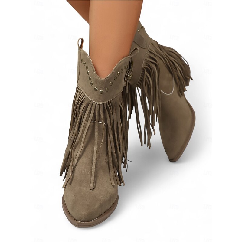 Women's Suede Fringe Ankle Boots with Studded Trim and Western Buckle, Bohemian Cowboy Style Footwear3