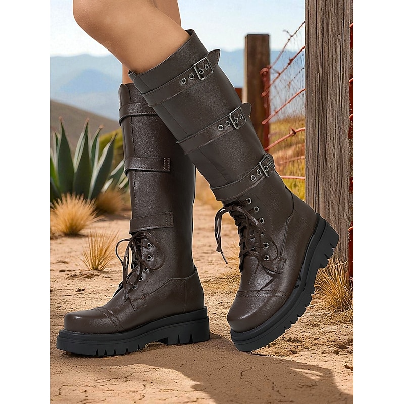 Women's Brown Knee-High Riding Boots with Buckle Straps - Gothic Military Style Platform Boots for Fall Fashion, Cosplay and Festival Outfits