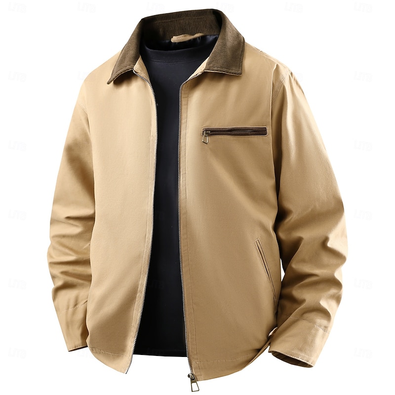Men's Cotton Detroit Jacket Cargo Jacket Tactical Pocket Fall Solid Color Active Vintage Shirt Collar Regular Black Brown Khaki Jacket