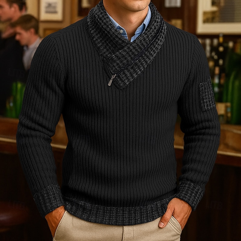 Men's Sweater Pullover Sweater Jumper Ribbed Knit Regular Tops Knitted Slim Fit Plain Shawl Knitwear Contemporary Casual Daily Wear Clothing Apparel Fall Black Red S M L3