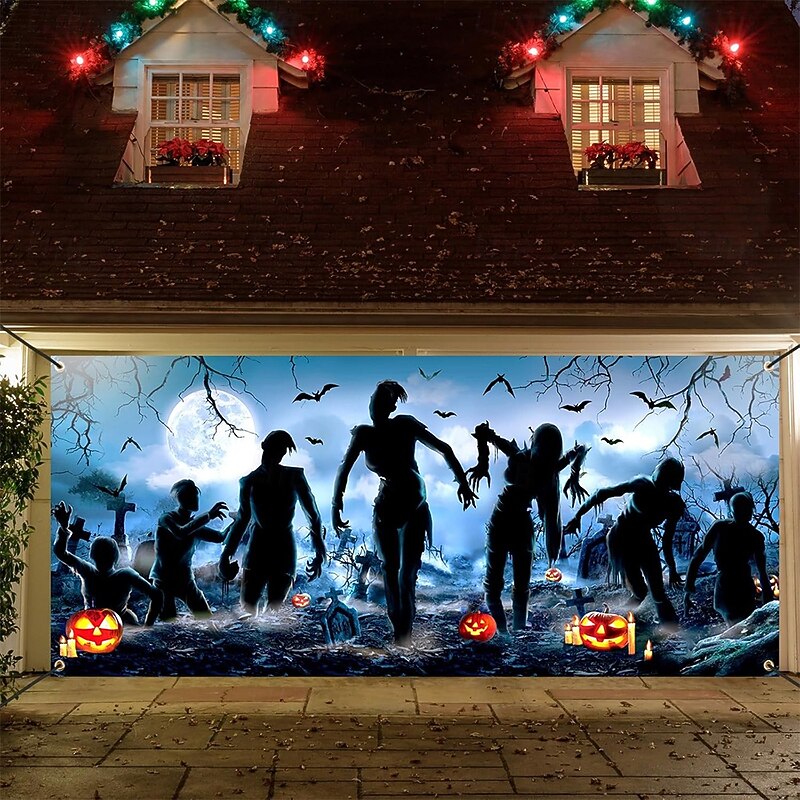 Halloween Garage Door Cover Large Hanging Backdrop Zombies Cemetery Dark Punk Gothic Style Party Outdoor Shooting Backgrounds Yard Haunted House Home Decor2