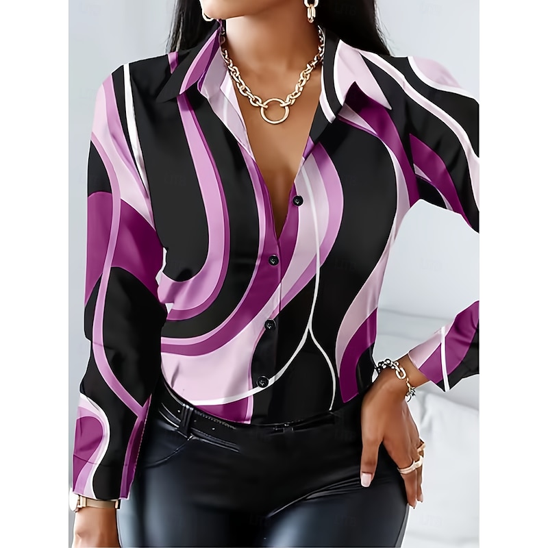 Women's Work Shirt Graphic Geometric Elegant Stylish Modern Long Sleeve Shirt Collar Regular Tops Work Party Evening Wear Daily Blue Purple Khaki Fall Winter Spring, Fall, Winter, Summer3
