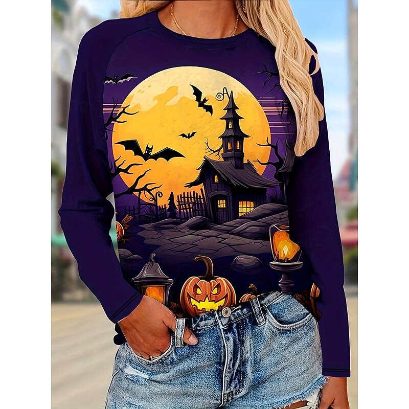 Halloween Women's T Shirt Castle Graphic Vintage Stylish Classic Long Sleeve Round Neck Regular Tops Daily Weekend Print Purple Fall Winter