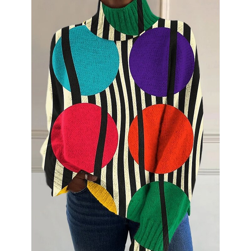 Women's Sweater Casual Soft Geometric Ribbed Turtleneck Knitted Print Long Sleeve Regular Tops Knit Outdoor Daily Weekend White Wine Fall Winter3