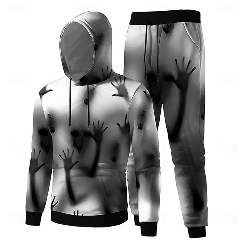 Halloween Men's Hand 2pcs 3D Sweatshirt Sets Tracksuit Hoodie Sweatshirt Long Sleeve Long pants Hooded Casual Daily Horror Athleisure 3D Print Spring Fall Winter Grey