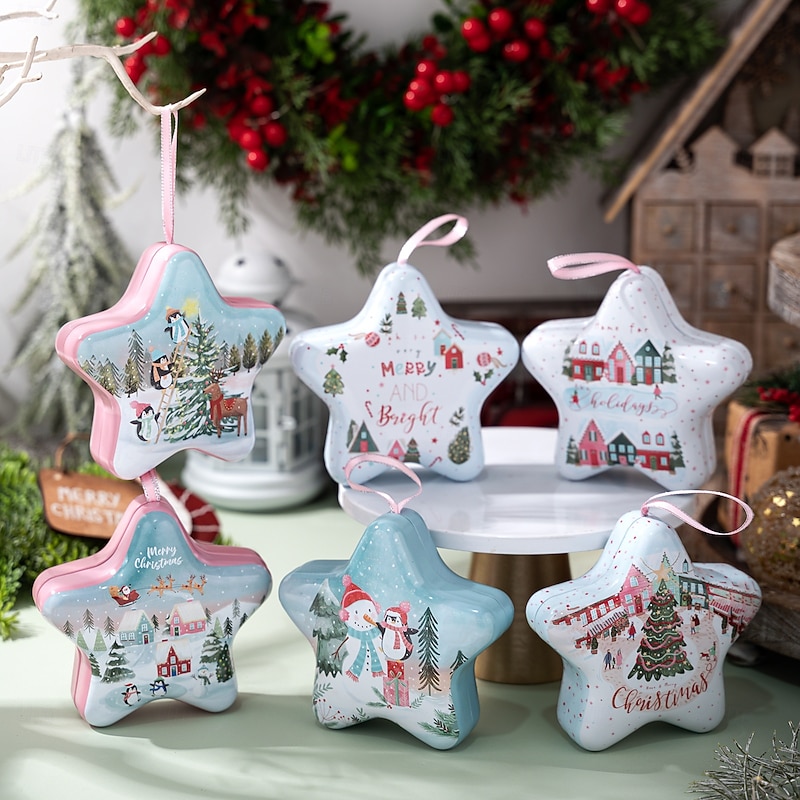Christmas Candy Tin Box Ornament with Hanging Strap, Cartoon Holiday Storage Container, Xmas Ornament and Gift Box Decoration2