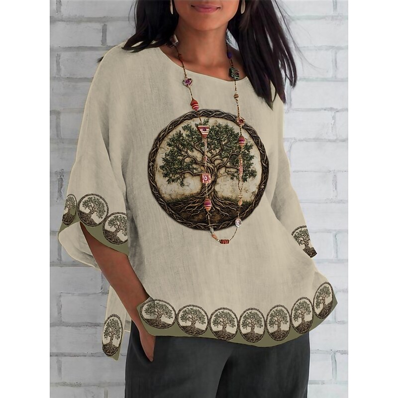 Women's Shirt Floral Daily Casual 3/4 Length Sleeve Crew Neck Regular Tops Daily Holiday Print Green Khaki Summer Spring Fall