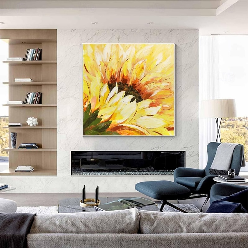 Handmade Oil Painting Canvas Wall Art Decoration Modern Yellow Abstract Sunflower Flower for Home Dining Room Decor Rolled Frameless Unstretched Painting2