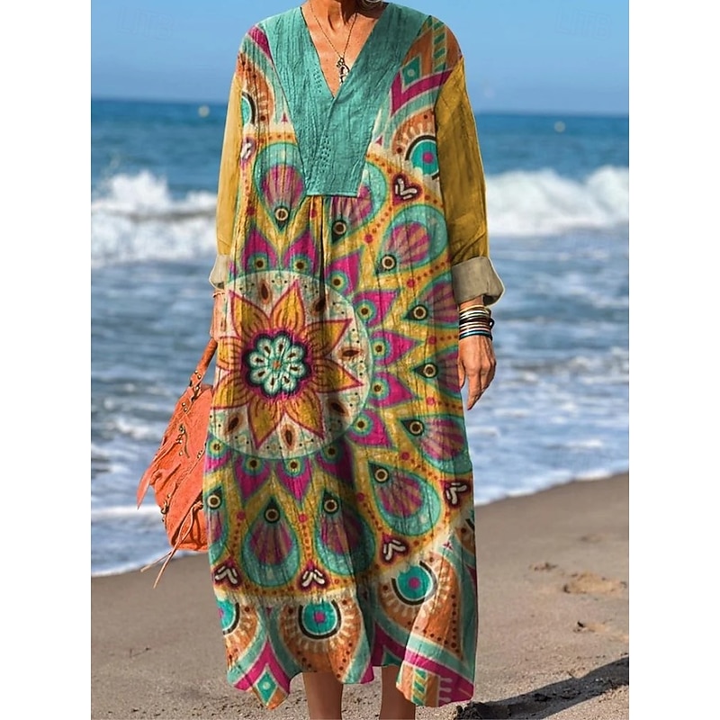 Women's Maxi Dress Sundress A Line Dress Vacation Casual Boho Party Holiday Beach Loose Fit Floral Graphic Geometric Long Sleeve V Neck Yellow Red Fuchsia Orange Summer Spring Fall3