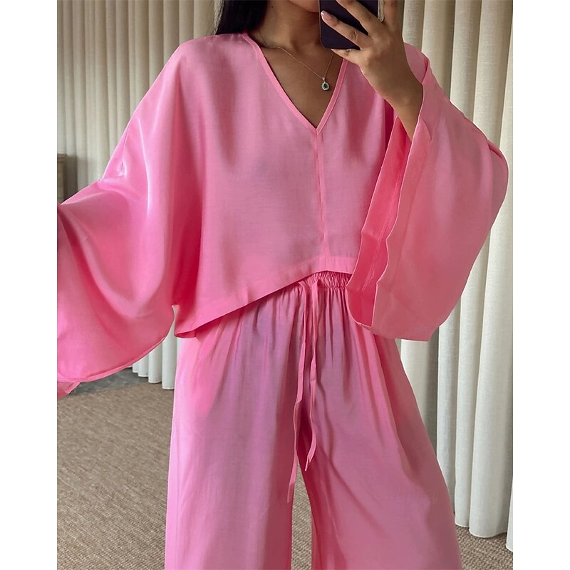 Women's Active Fashion Pants Sets Long Sleeve V Neck Solid Color Patchwork Vacation Casual Daily Black White Pink Summer Regular Fit3
