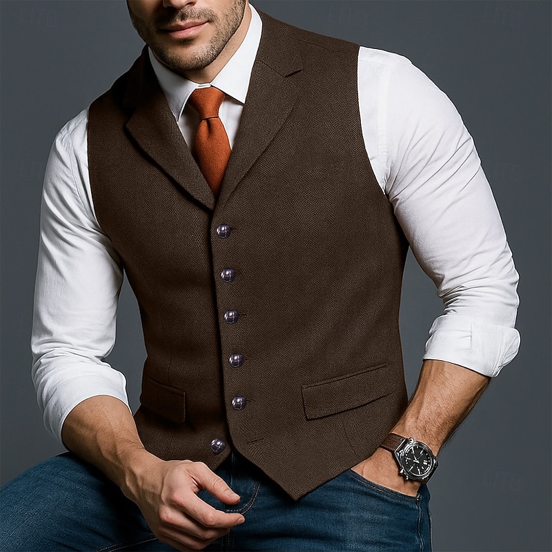 Men's Tweed Vest Waistcoat Formal Wedding Vacation Daily Fashion Classic Spring Fall Pocket Buttons Wool Tweed Comfortable Plain Herringbone Single Breasted V Neck Lapel Slim Fit Black Champagne Red2