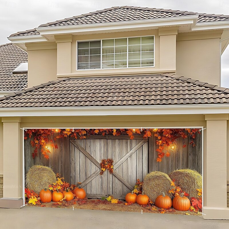 Halloween Garage Door Cover Large Hanging Backdrop Pumpkin Rustic Cottagecore Party Outdoor Shooting Backgrounds Front Door Home Decor2