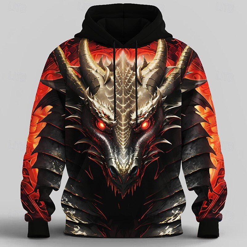Men's Dragon 3D Hoodie Sweatshirt Cool Party Crew Neck Club Streetwear Blue Orange Drawstring Fall Winter Designer