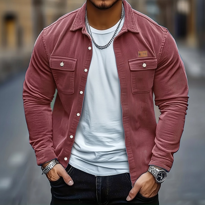 Men's Solid Color Corduroy Shirt Shirt Jacket Overshirt Long Sleeve Casual Outdoor Dailywear Fall Winter Turndown Button-Down Warm Jacket with Flap Pockets Red Blue Green Khaki Gray3
