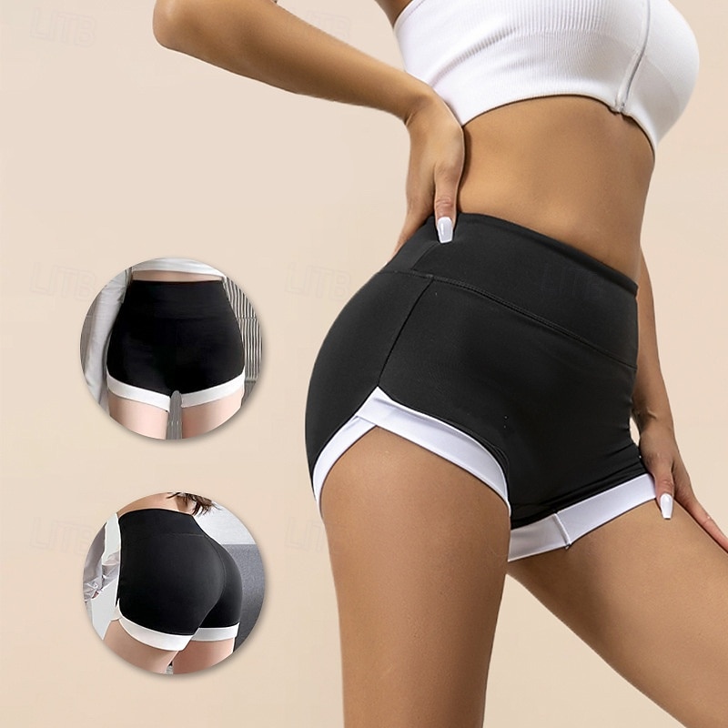 Women's Yoga Shorts Sports Shorts Color Block Tummy Control High Waist Gym Athletic Pilates Bottoms Solid Color Black Sports Activewear - Main Image