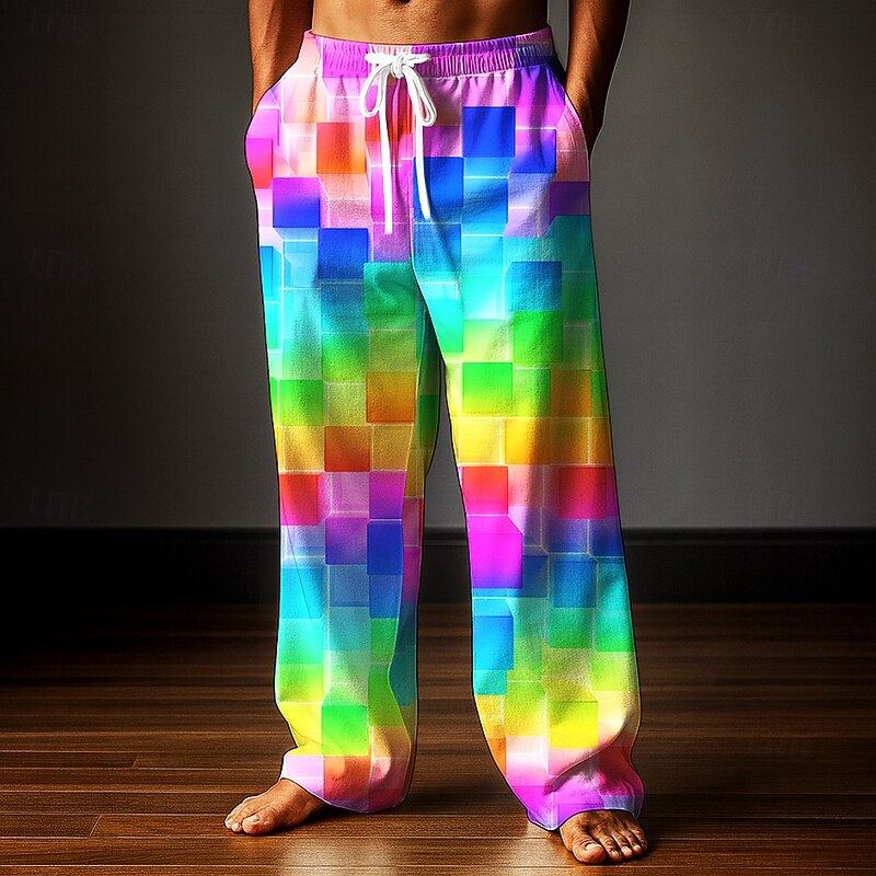 Men's Geometric Rainbow Grid / Plaid Trousers Baggy Pants Casual Pants Mid Waist Fashion Outdoor Vacation Home Elastic Drawstring Waist Linen-Like Pants with Pockets Spring Fall 3D Print Pink Green2