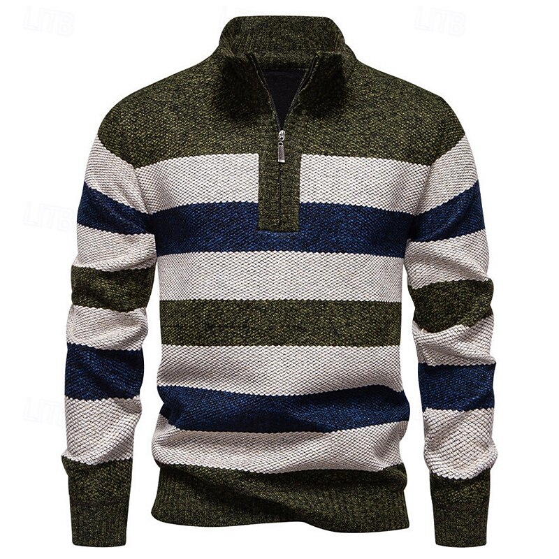 Men's Pullover Sweater Jumper Knit Sweater Ribbed Knit Regular Tops Knitted Stripe Quarter Zip Fashion Basic Vacation Daily Wear Clothing Apparel Fall Winter Navy Blue Green S M L4