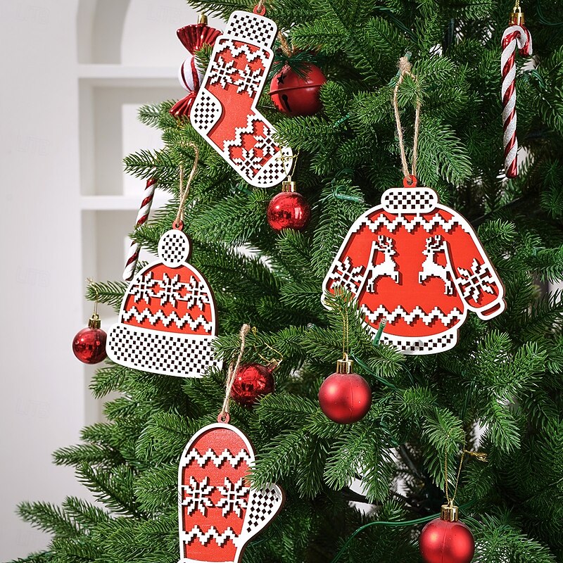 4PCS Christmas Wooden Ornaments Hanging Ornaments Set with Santa Hat, Clothes, Socks and Gloves Designs, Holiday Decor for Christmas Tree, Window Display, Backpacks and Gift Giving4