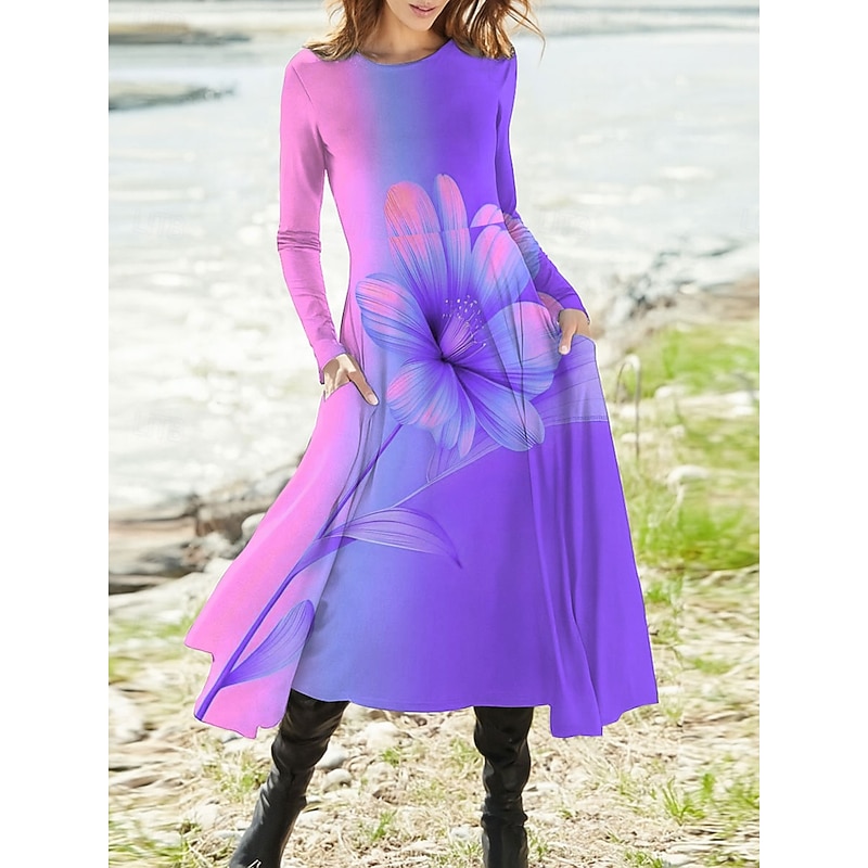 Women's Maxi Dress A Line Dress Fit And Flare Dress Vacation Casual Boho Party Daily Going out Regular Fit Ombre Floral Graphic Long Sleeve Crew Neck Red Blue Purple Summer Spring Fall Winter