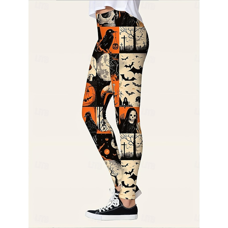 Women's Leggings Vacation Vintage Fashion Full Length High WaistPantsHalloween Graphic Skull Pumpkin Printing Soft Breathable Stretchy Outdoor Vacation Street Orange Spring Fall Winter Slim Fit3