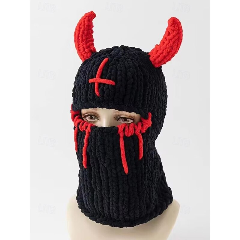 Men's Halloween Devil Horn Knit Balaclava Ski Mask — Thick Warm Full-Face Cover, Stretch Knit Gothic Style for Adults, Cosplay, Costume Parties, Festivals & Winter Streetwear3