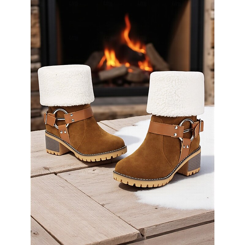Women's Faux Suede Ankle Boots with Shearling Cuff and Buckle – Casual Winter Chunky Heel Boots for Outdoor, Travel and Cozy Outfits2
