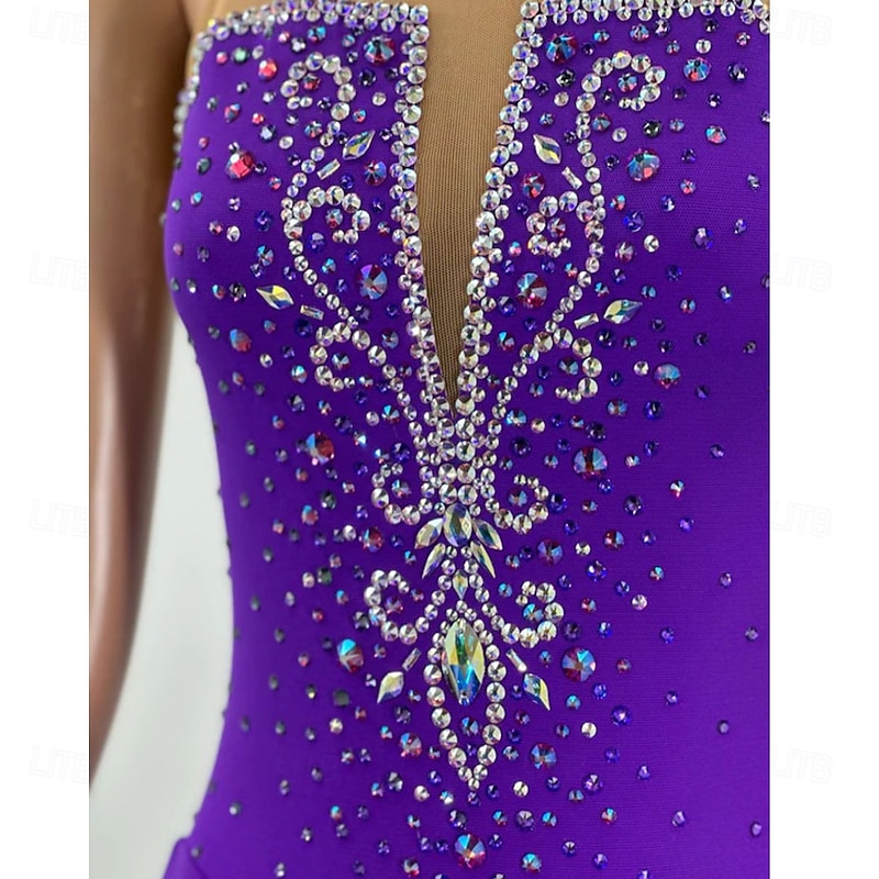 Figure Skating Dress Women's Girls' Ice Skating Dress Purple Open Back Asymmetric Hem Mesh High Elasticity Training Competition Skating Wear Classic Crystal / Rhinestone Sleeveless Ice Skating Figure4