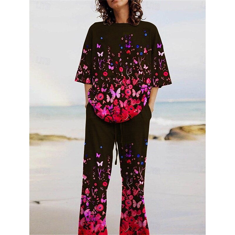 Women's Active Fashion Pants Sets 3/4 Length Sleeve Crew Neck Floral Butterfly Print Vacation Daily Holiday Yellow Red Purple Summer Regular Fit2