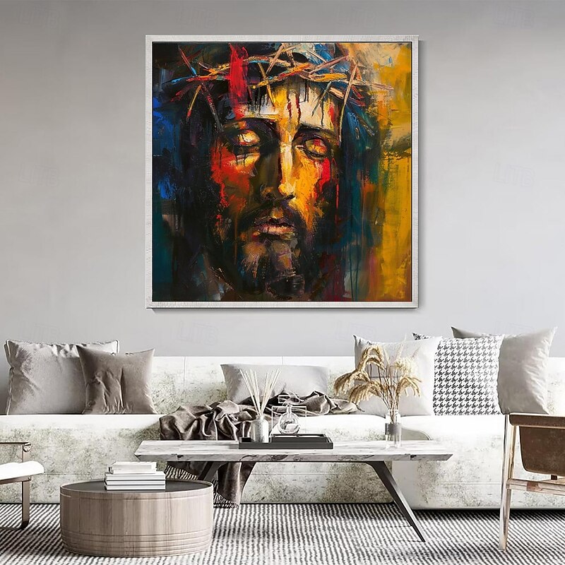 Handmade Oil Painting Acrylic Canvas Wall Art Decoration Religious Figure Jesus Face Knife Drawing for Home Decor Rolled Frameless Unstretched Painting4